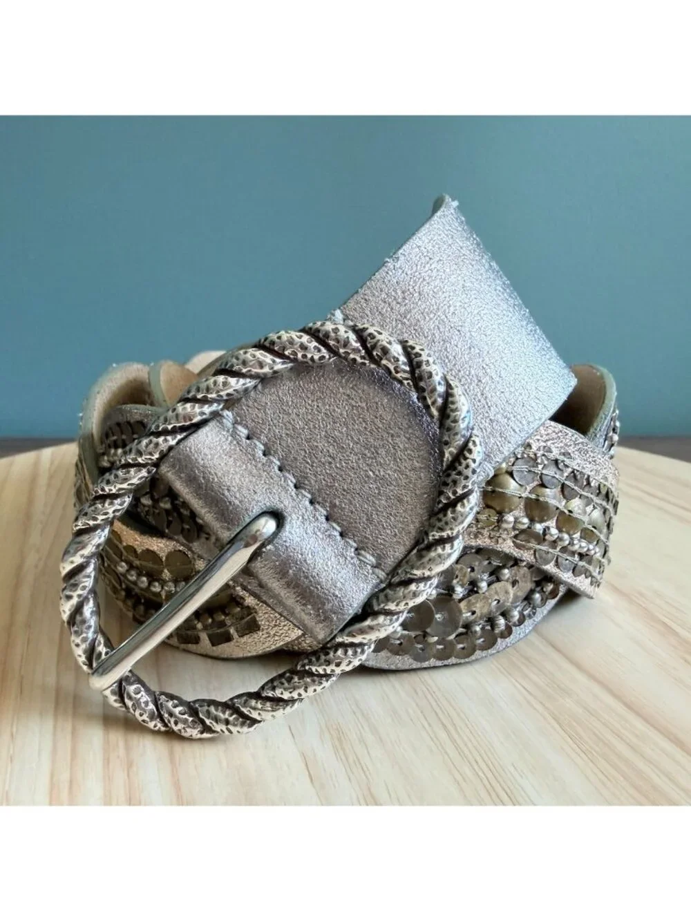 Vintage Womens Leather Belt L Fashion Braided Metallic Gold & Silver Sequins 45